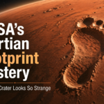 NASA Martian footprint mystery feature image showing a footprint-shaped crater on Mars