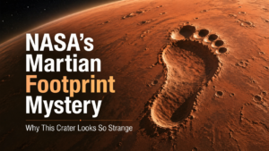 NASA Martian footprint mystery feature image showing a footprint-shaped crater on Mars