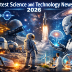 Alt text: latest science and technology news 2026 illustration showing AI, quantum computing, space exploration, and biotech