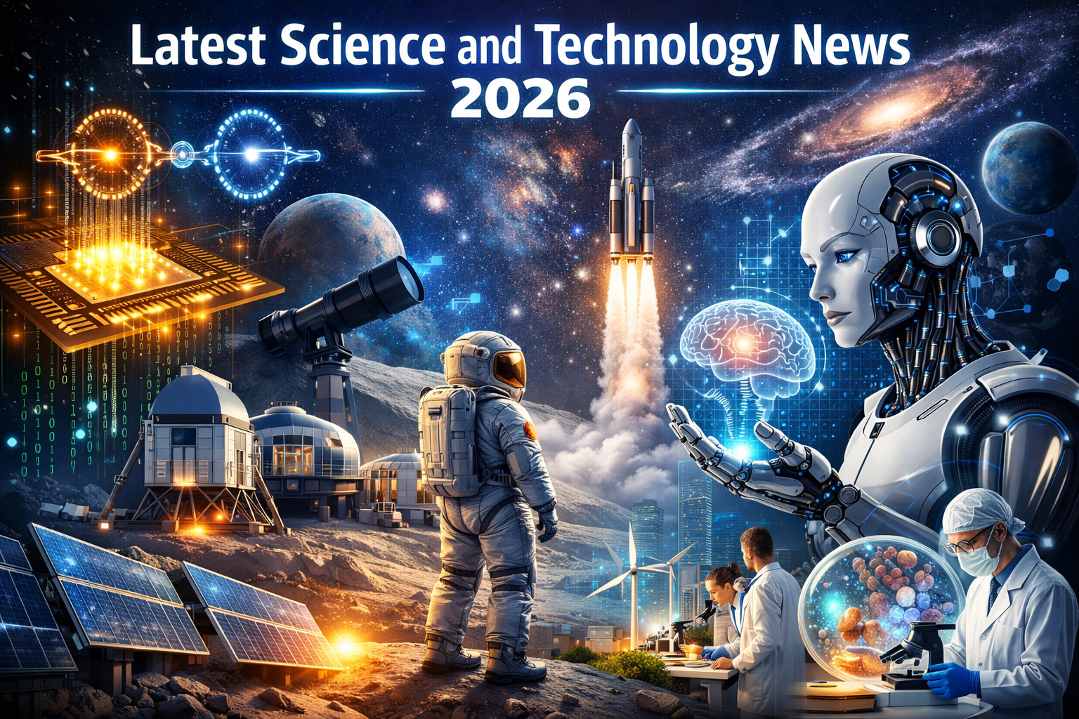 Alt text: latest science and technology news 2026 illustration showing AI, quantum computing, space exploration, and biotech