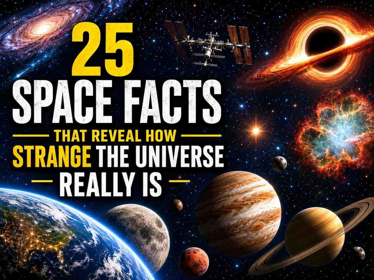 Colorful space scene showing planets, stars, a black hole, galaxies, the Moon, Earth, and bold text reading 25 Space Facts.