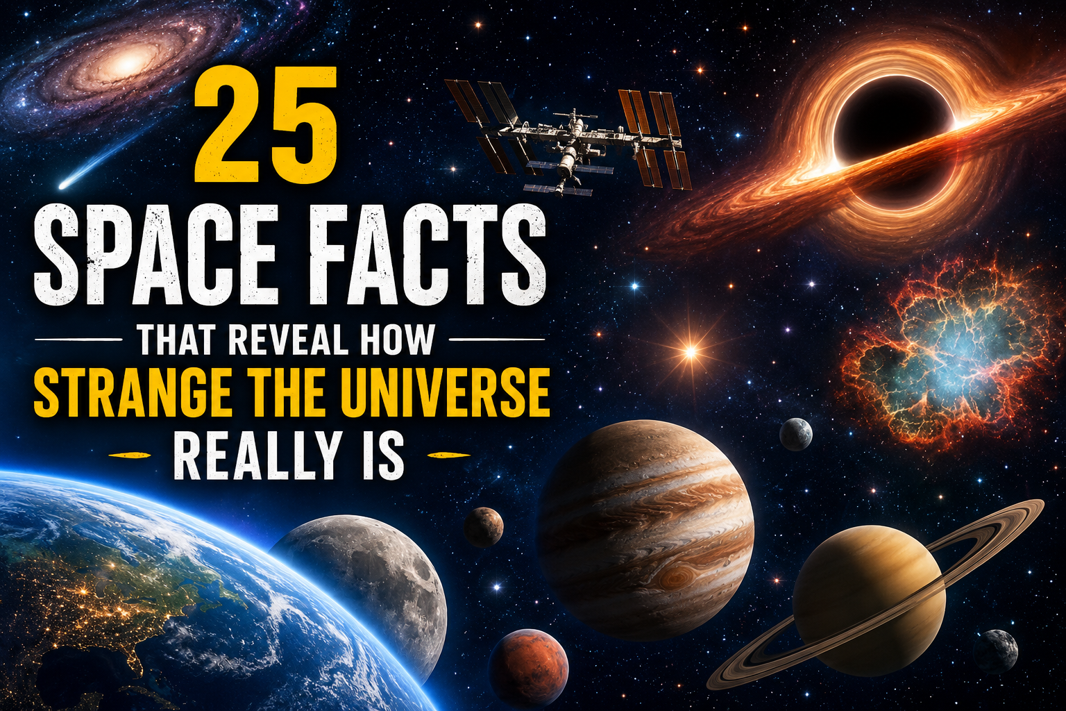 Colorful space scene showing planets, stars, a black hole, galaxies, the Moon, Earth, and bold text reading 25 Space Facts.