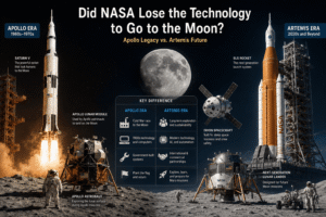Apollo-era Saturn V rocket and lunar module compared with modern Artemis Moon exploration systems, showing how NASA’s Moon technology changed after Apollo