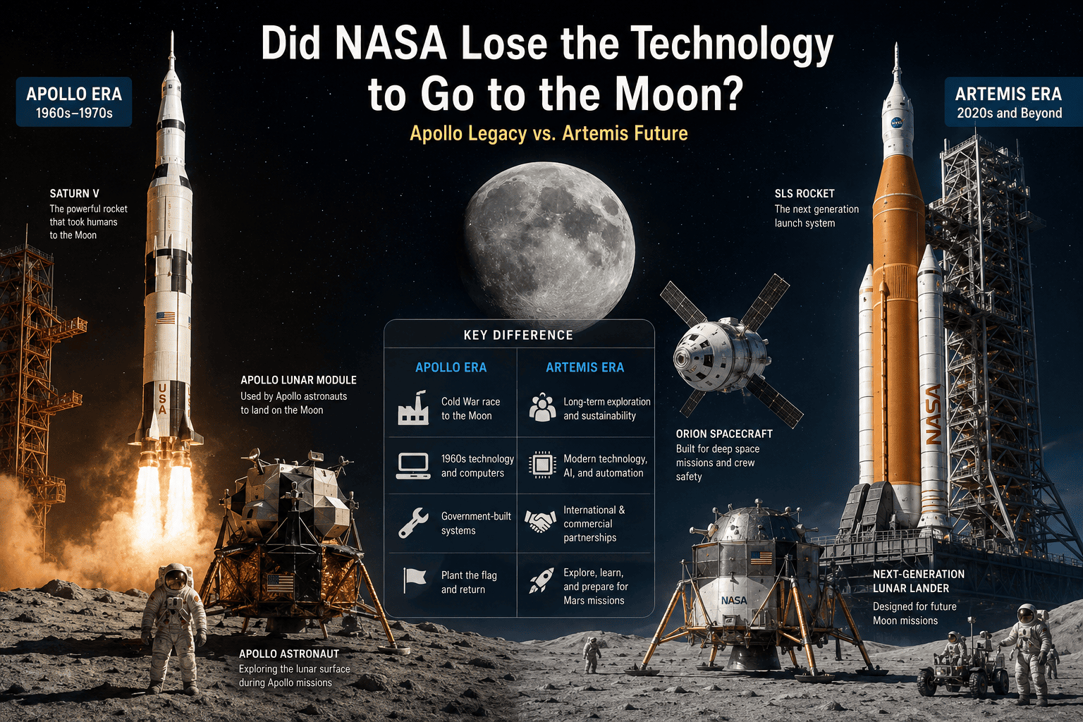 Apollo-era Saturn V rocket and lunar module compared with modern Artemis Moon exploration systems, showing how NASA’s Moon technology changed after Apollo