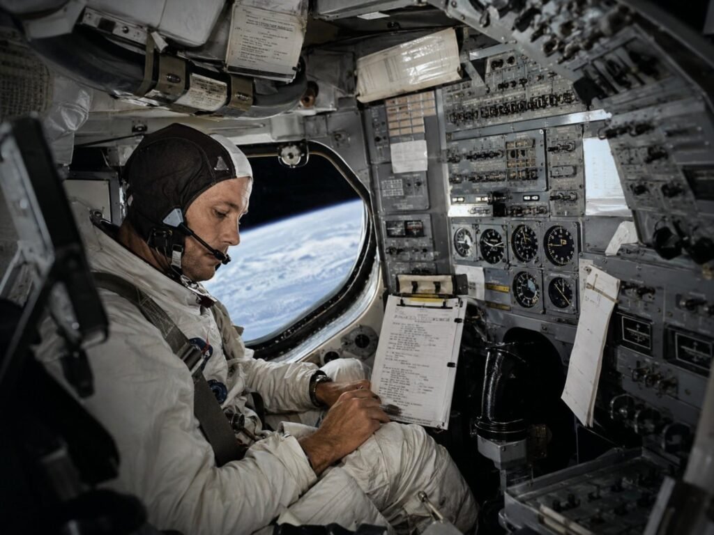 AI-generated editorial illustration of an Apollo 7 astronaut working inside a vintage Command Module cockpit during Earth orbit.