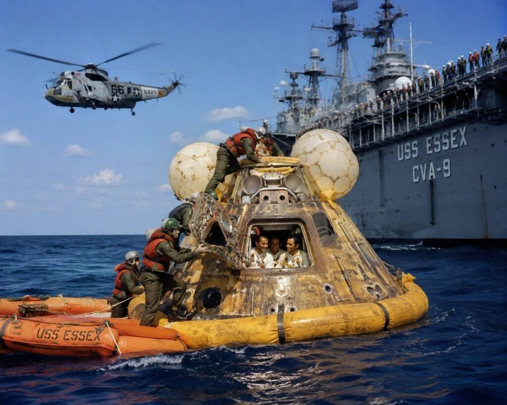 AI-generated editorial illustration of an Apollo-era command module recovery at sea, inspired by Apollo 7 splashdown and USS Essex recovery operations.