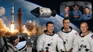 AI-generated editorial montage showing the Apollo 7 mission with a Saturn IB launch, Apollo spacecraft in Earth orbit, astronauts, and a vintage live TV broadcast screen.