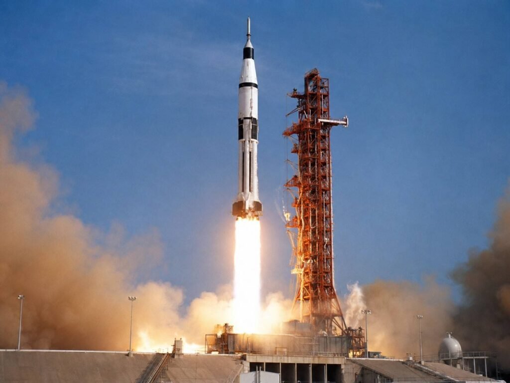 AI-generated editorial illustration of the Apollo 7 Saturn IB rocket launching from Launch Complex 34 at Cape Kennedy in 1968.