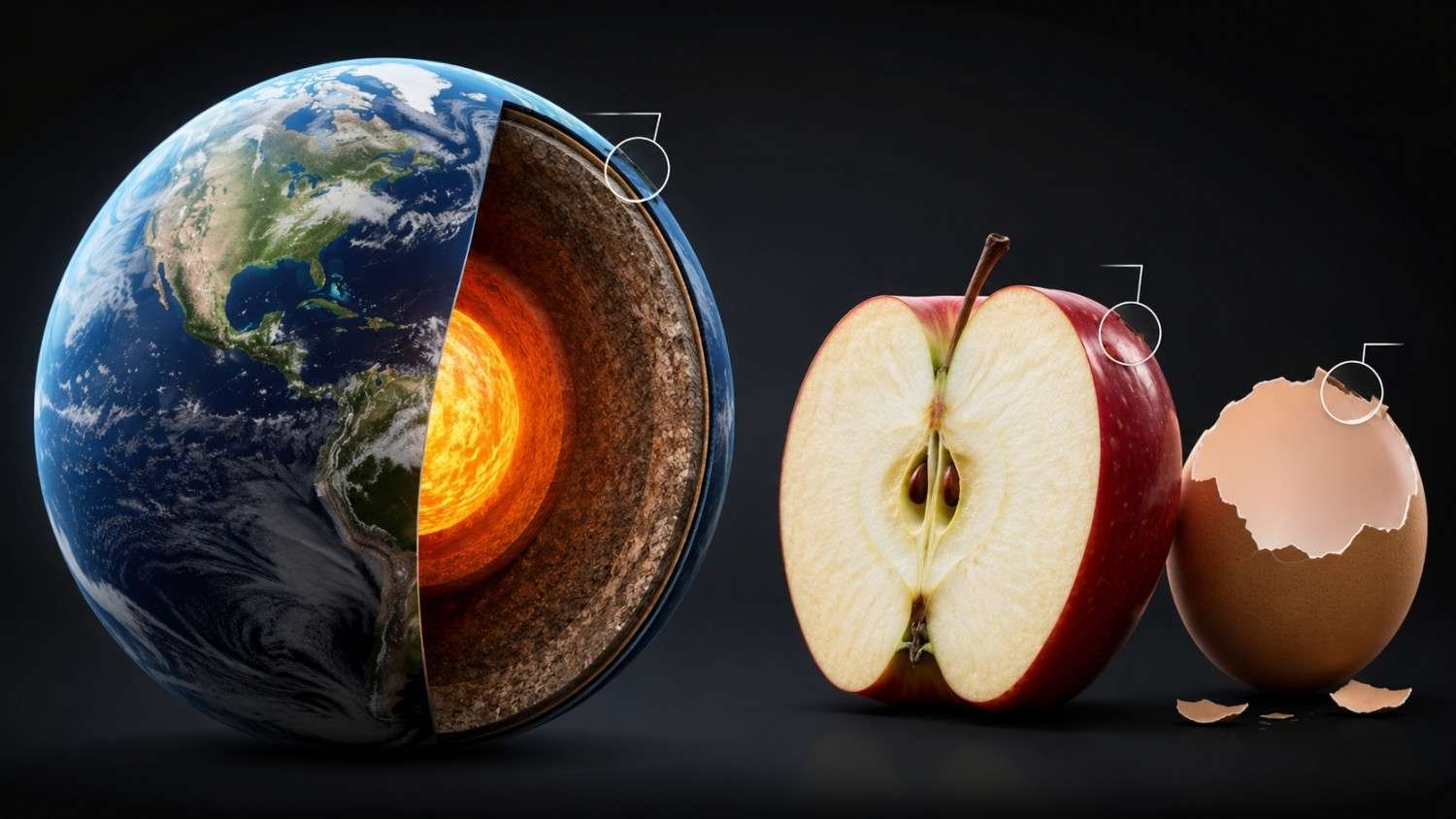 Comparison showing Earth’s crust as extremely thin, illustrated alongside the thin skin of an apple and the shell of an egg.