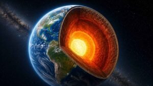Earth cutaway showing the thin crust, glowing mantle, outer core, and inner core in space