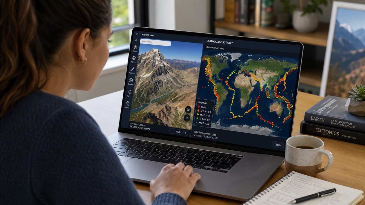 Person using a laptop to explore Earth’s crust with a 3D mountain view and a global earthquake activity map.