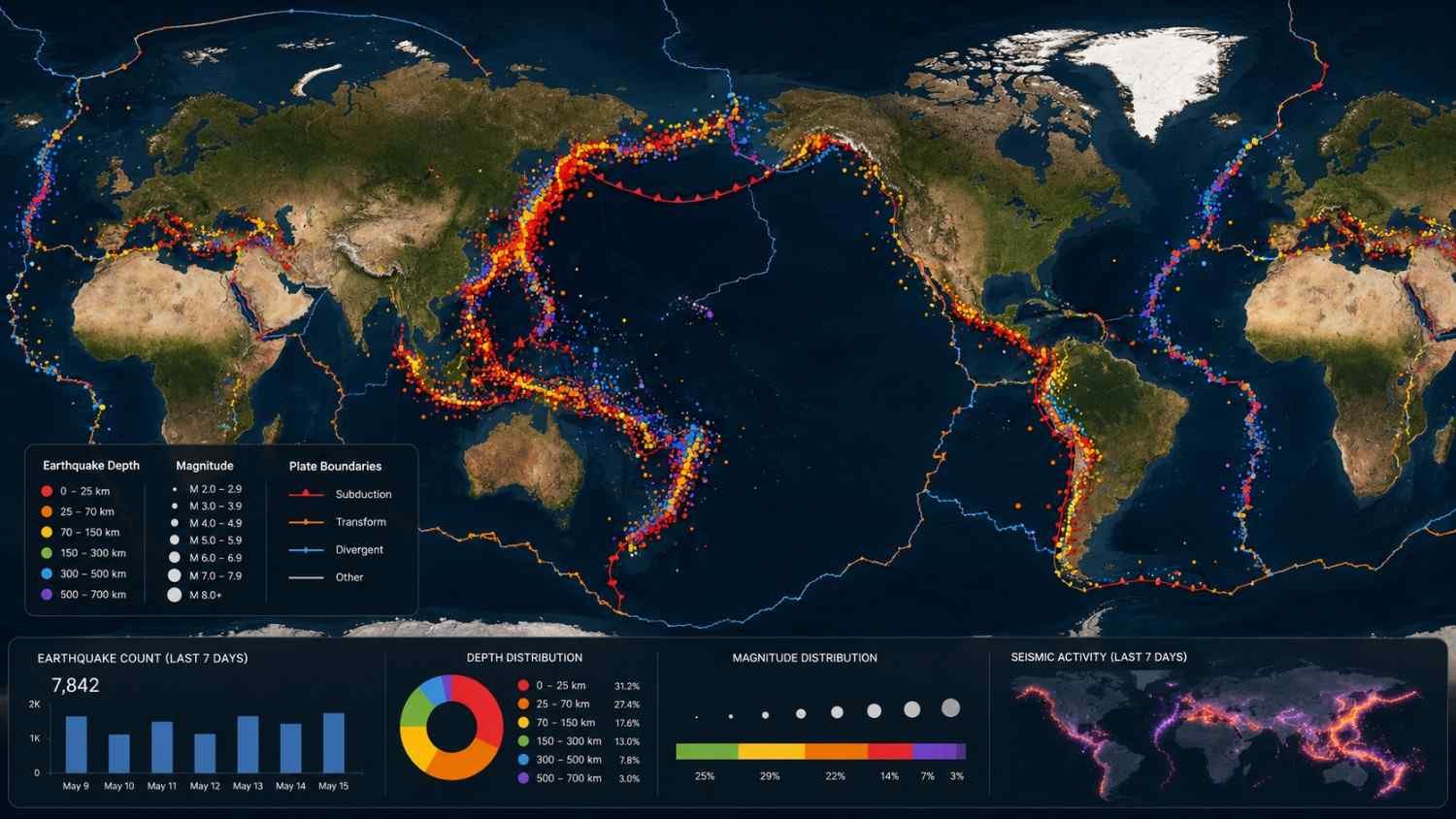 World map showing earthquake locations clustered near tectonic plate boundaries and active seismic zones.