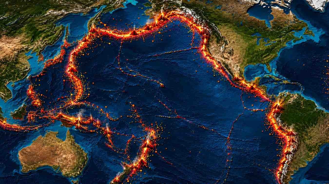Pacific Ring of Fire map showing glowing volcano zones and earthquake activity around the Pacific Ocean.