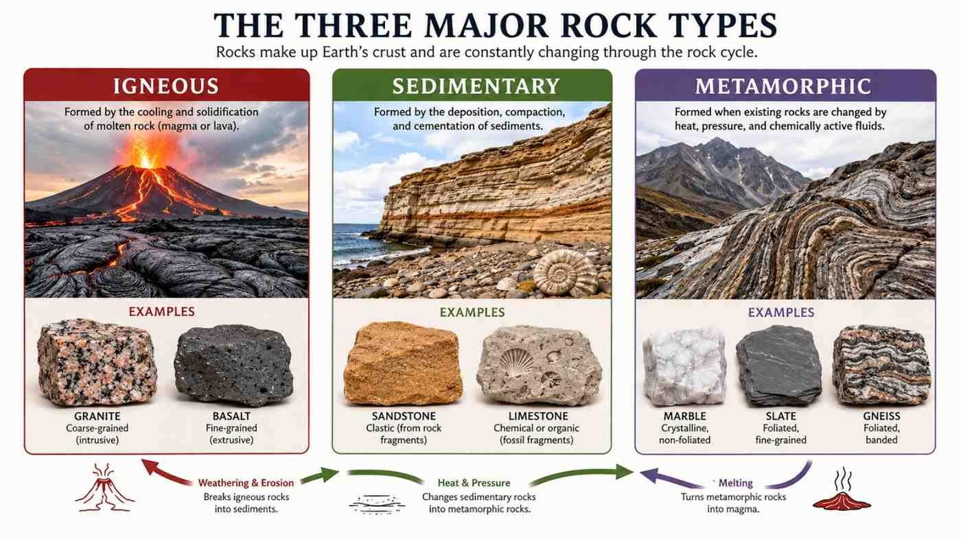 Educational diagram showing igneous, sedimentary, and metamorphic rocks with examples and textures.