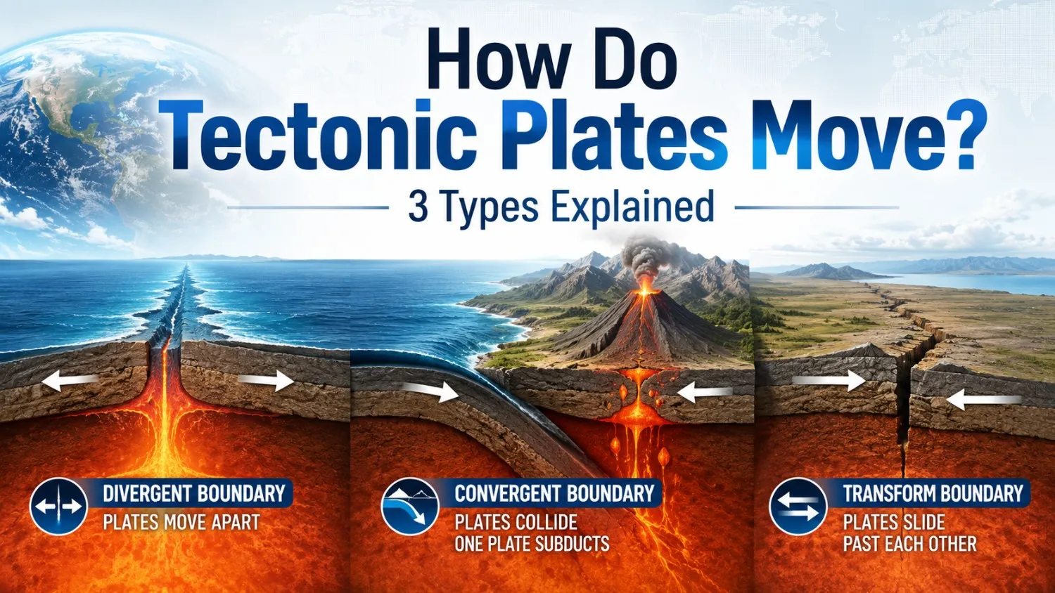 Illustration showing divergent, convergent, and transform tectonic plate boundaries with arrows explaining how the plates move.